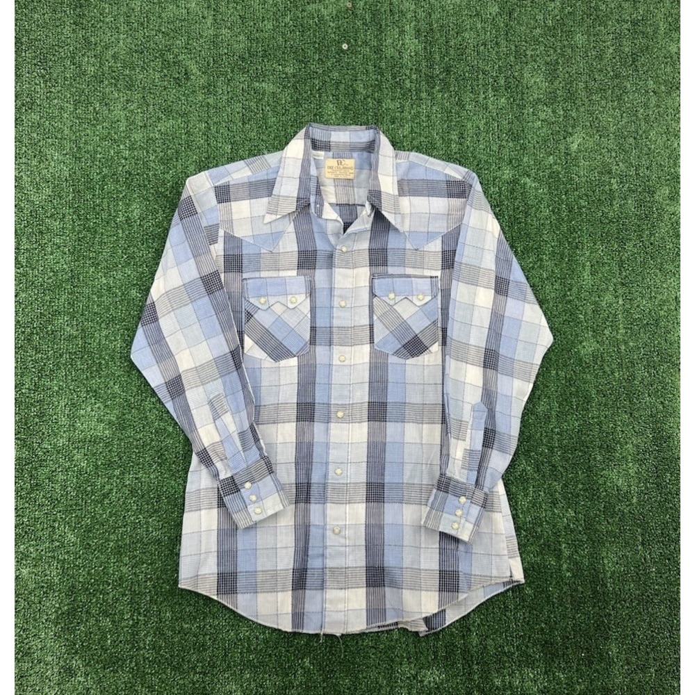 Vintage Dee Cee Shirt Mens 15.5-33 Blue Plaid 70s Pearl Snap Made USA